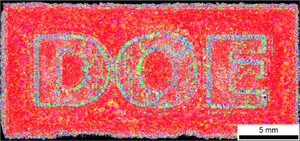 ORNL researchers have demonstrated the ability to precisely control the structure and properties of 3-D printed metal parts during formation. The electron backscatter diffraction image shows variations in crystallographic orientation in a nickel-based component, achieved by controlling the 3-D printing process at the microscale. 