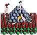 Drawing of a ceria-supported metal rhodium-palladium nanoparticle. The ethanol and water molecules are absorbed at the interface between the nanoparticles and the support and they generate new reactive chemical species that make the rhodium and palladium atoms reorganise on the surface, change their oxidation state and thus facilitate the production of hydrogen.