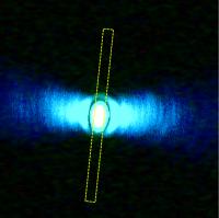 Researchers at the University of Pennsylvania have engineered a nanowire system that could pave the way for photonic computing, combining two light waves to produce a third with a different frequency and using an optical cavity to amplify the intensity of the output to a usable level. Here, blue light is emitted from the underside of the device, the combination of two near-infrared light waves. The dotted outline represents the orientation of the nanowire.