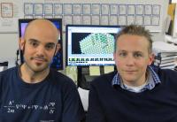 University of Oregon doctoral student Christian Gervasi, left, and Thomas Allen of VoxtelNano led a university-industry collaboration to create atomic-scale maps of the density of states in individual nanocrystals with a specially designed microscope. The maps promise a route to next-generation solar cells.

Credit: University of Oregon