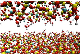 A calcium-silicate-hydrate (aka cement) tip hovers above a smooth tobermorite surface in a computer simulation by Rice University scientists. The researchers studied how atomic-level forces in particulate systems interact when friction is applied. Their calculations show such materials can be improved for specific applications by controlling the materials' chemical binding properties. Credit: Shahsavari Group/Rice University