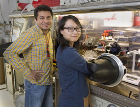 Scientists Aditya Mohite, left, and Wanyi Nie are perfecting a crystal production technique to improve perovskite crystal production for solar cells at Los Alamos National Laboratory.