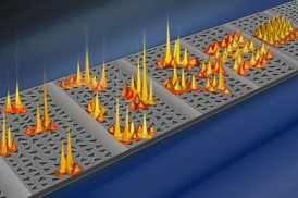 Nicoletta Barolini
Artists depiction of light traveling through a photonic crystal superlattice, where holes have been randomly patterned. The result is a more narrow beam of light.