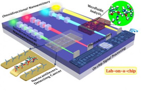 This is a schematic representation of unidirectional cubic nanoantennas inducing directionality to omnidirectional nanoemitters (light sources, e.g., spasers, quantum dots), to precisely focus light with adjustable beam width and intensity, which can be tuned by adjusting the length of nanocube chain or intercube spacing. These ultra-narrow directional beams can play multiple roles in lab-on-a-chip devices such as illumination sources in microfluidic analysis or minute deflection registers in nanocantilever based sensors. All these signals are further detected in the photodetectors and get processed by on-chip signal processing circuitry for bio-molecular identification.
CREDIT: D. Sikdar and M. Premaratne/Monash University