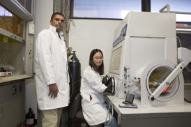 University of Cincinnati assistant professor Vikram Kuppa and doctoral student Yan Jin. At the meeting of the American Physical Society, Jin will present on how a blend of conjugated polymers resulted in structural and electronic changes that increased efficiency three-fold, by incorporating pristine graphene into the active layer of the carbon-based materials.
CREDIT: Joseph Fuqua/University of Cincinnati