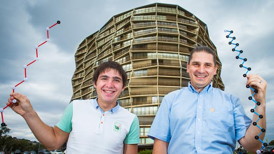 Alex Slobozhanyuk (L) and Andrey Miroshnichenko with models of their material structures in front of the Nishi building that inspired them.
CREDIT: Stuart Hay, ANU