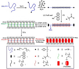 This schematic shows the synthesis of organic-inorganic shish kebab-like nanohybrids composed of periodic nanodisk-like kebabs.
CREDIT: Credit: Zhiqun Lin