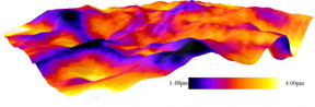 This image shows a 3-D visualization of the toner layer on top of coated paper. The dark blue areas show thin layers of toner, whereas the yellow shows thicker layers.
CREDIT:Markko Myllys/University of Jyvaskyla