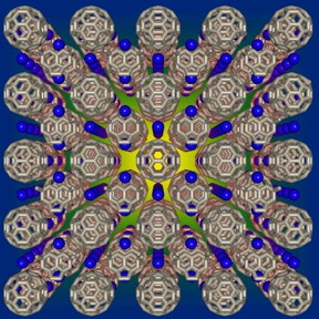 The fullerene molecules consist of 60 carbon atoms arranged in a truncated icosahedral shape (a soccer ball) and pack in a regular cubic-close-packed array in three dimensions. Alkali metal ions (blue spheres) occupy vacant interstitial holes of octahedral and tetrahedral symmetry.
CREDIT: Prassides Kosmas