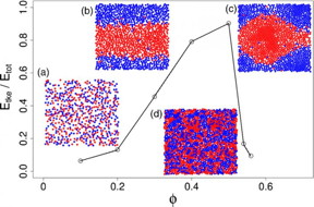 Computer models show how small, spinning particles suspended in a fluid can form a variety of macro-scale structures at different concentrations. (Concentrations increase left to right.) The vertical axis charts kinetic energy, which declines sharply at high concentrations.
CREDIT: Brown University