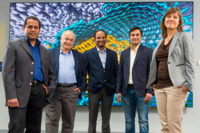 From left, researchers Ani Sumant, Ali Erdemir, Subramanian Sankaranarayanan, Sanket Deshmukh, and Diana Berman combined diamond, graphene, and carbon to achieve superlubricity.
CREDIT: Photo by Mark Lopez / Argonne National Laboratory