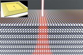 The physicists used a helium ion beam to create an atomic scale Josephson junction (shown in the inset) in a crystal of Yttrium Barium Copper Oxide. Credit: Meng Ma, UC San Diego