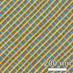 This is a scanning electron microscope image of a self-assembled platinum lattice, false-colored to show the two-layer structure. Each inner square of the nanoscale grid is just 34 nanometers on each side.
CREDIT: Brookhaven National Laboratory