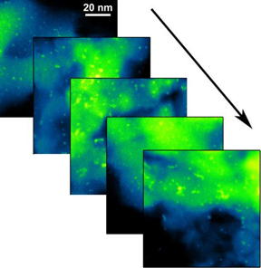 This is a series of scanning transmission electron microscopy (STEM) images of platinum nanoparticles, tracking their changes under different atmospheric pressure reaction conditions.
CREDIT: Brookhaven National Laboratory