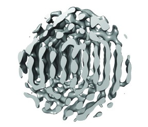 This a slab through the 3-D reconstruction of particle 1 along the vertical plane with tentative atomic positions indicated. ABC repeats of {111} planes are visible.
CREDIT: ARC Centre of Excellence in Advanced Molecular Imaging