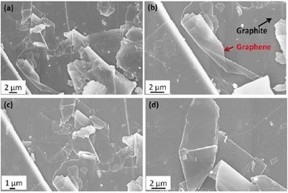 Scanning electron microscope images of the achieved graphene sheets after only a few minutes of lamp irradiation