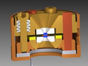 This cutaway schematic shows the diamond anvil cell, a pressure vessel in which the experiments were conducted. The target material is situated between two diamonds, represented here in blue. For this study, a diamond anvil generated pressures to 100,000 times sea level.
Credit: University of Chicago/Argonne National Laboratory