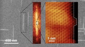 Progressively zoomed-in images of graphene nanoribbons grown on germanium. The ribbons automatically align perpendicularly and naturally grow in what is known as the armchair edge configuration.

Images: Arnold Research Group and Guisinger Research Group