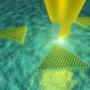 With the Campanile probe, optical excitation and collection are spatially confined to the nano-sized gap at the apex of the tip, which is scanned over the sample, recording a full emission spectrum at each position.
CREDIT: James Schuck, Berkeley Lab