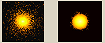 Researchers for the first time have used a modern theory of heat transport in experiments with semiconductors used in computers, lasers and thermoelectrics. The left image shows a rendering of heat spreading in a semiconductor using the modern transport theory. The image on the right shows a rendering using the conventional heat-transport theory.  Purdue University image/ Bjorn Vermeersch and Ali Shakour