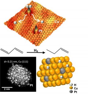 Atomic-resolution microscopy shows the single platinum atoms on copper nanoparticles that can split hydrogen into atoms enabling the efficient and selective hydrogenation of butadiene.
CREDIT: Tufts University