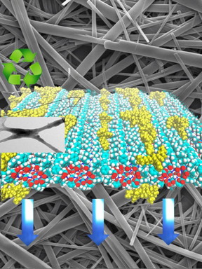 The illustration shows a theoretical simulation of the distribution of the polymer on peptide nanotubes and an electron microscopy image of the nanocomposite.
CREDIT: Suchi Guha, University of Missouri