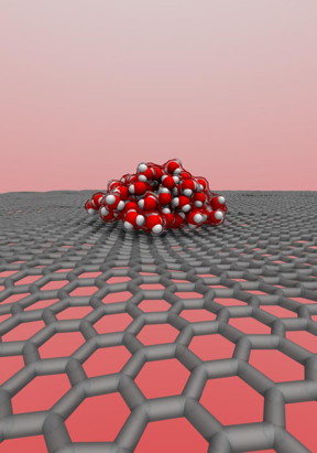 Snapshot of a water nanodroplet "surfing" on a rippled graphene surface.
CREDIT: Ming Ma et al. (2015)