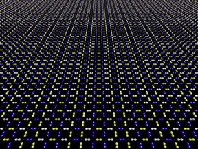 A rendering of the charge density wave. This pattern of dumbbells, each representing the electronic orbital on an oxygen atom, may look static, but if you look closely you'll see that the colors of the orbitals change as you move from left to right. This color change (yellow, white, blue, white, yellow, white, blue...) represents changes in charge density (high, medium, low, medium, high, medium, low...) moving across the plane from left to right.
CREDIT: Brookhaven National Laboratory