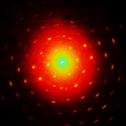 If ultrashort electron pulses hit a biomolecular crystal, they are diffracted from it. As a result, one obtains a characteristic diffraction image of the atomic structure. Picture: Alexander Gliserin