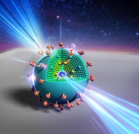 An artist's rendering shows the layers of a new, onion-like nanoparticle whose specially crafted layers enable it to efficiently convert invisible near-infrared light to higher energy blue and UV light.

Credit: Kaiheng Wei ( Davidwei_loga@foxmail.com )