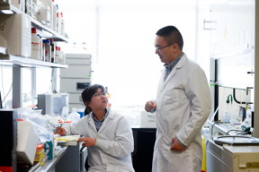 Yue Lu, seated, is a Ph.D. student in Zhen Gu's lab and lead author of a paper on the creation of liquid metal "nano-terminators" that target cancer cells. Gu, standing, is an assistant professor in the joint biomedical engineering department at North Carolina State University and the University of North Carolina at Chapel Hill.
CREDIT: North Carolina State University