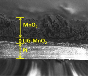 Treating laser-induced graphene created at Rice University with manganese dioxide turns the material into a microsupercapacitor that rivals any on the market today, according to the researchers. The flexible material in this electron microscope image shows promise for electronics and apparel.Credit: Tour Group/Rice University