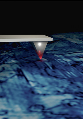 This is a schematic representation of the atomic force microscope interacting with the material surface.

Credit: Rama Vasudevan, ORNL