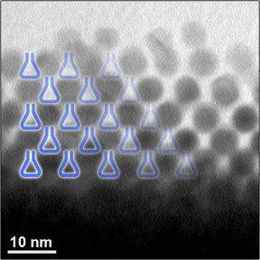 This is a cluster of gold nanoparticles under a transmission electron microscope. Empty spaces between the nanoparticles can serve as nanoflasks, as suggested by the drawing.
CREDIT: Weizmann Institute of Science