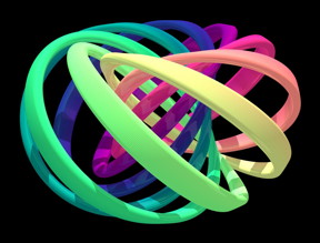 Visualization of the structure of the created quantum knot. Each colorful band represents a set of nearby directions of the quantum field that is knotted. Note that each band is twisted and linked with the others once. Untying the knot requires the bands to separate, which is not possible without breaking them.
CREDIT: David Hall