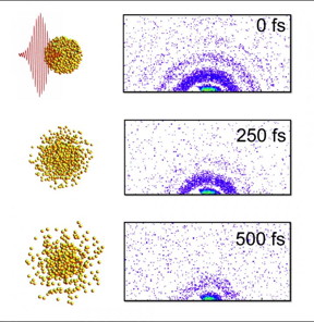 Here are "stills" from an X-ray "movie" of an exploding nanoparticle. The nanoparticle is superheated with an intense optical pulse and subsequently explodes (left). A series of ultrafast x-ray diffraction images (right) maps the process and contains information how the explosion starts with surface softening and proceeds from the outside in.
CREDIT: Christoph Bostedt