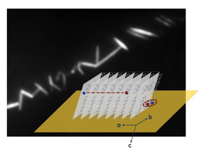 A new paper from UMass Amherst describes a structure that will make it easier to use a certain molecule for new applications, for example in devices that use polarized light input for optical switching, by exploiting its directionality. Inset shows a structural schematic of the TAT crystal packing geometry and direction of charge separation.
CREDIT: UMass Amherst/Mike Barnes