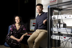 Aleksandra Radenovic, head of the Laboratory of Nanoscale Biology and Jiandong Feng, lead author of the publication.
CREDIT: Alban Kakulya