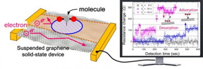 A diagram of a graphene single molecular sensor (left) and the observed signal showing successful detection of single CO2 molecule adsorption / desorption events.
CREDIT: University of Southampton