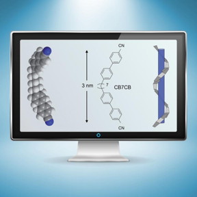 Researchers examined the spiral 'twist-bend' structure (right) formed by boomerang-shaped liquid crystal molecules (left and center) measuring 3 nanometers in length, using a pioneering X-ray technique at Berkeley Lab's Advanced Light Source. A better understanding of this spiral form, discovered in 2013, could lead to new applications for liquid crystals and improved liquid-crystal display screens.

(Credit: Zosia Rostomian/Berkeley Lab; Physical Review Letters, DOI: 10.1103/PhysRevLett.116.147803; Journal of Materials Chemistry C, DOI: 10.1039/C4TC01927J)