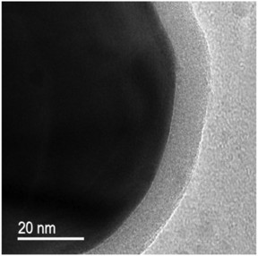 Image shows high magnification bright field transmission electron microscopy (TEM) image showing obvious delineation of alumina film and surface of particle. In this work, performed by NRL researchers, the growth per cycle (GPC) during atomic layer deposition is compared for different batches of powder with average particle sizes ranging from nanometer (nm) to micrometer (μm). Samples prepared after depositing thin alumina films (from 10 to15 nm) on tungsten powders using particle atomic layer deposition (p-ALD) were investigated with x-ray photoelectron spectroscopy (XPS), scanning and transmission electron microscopy (SEM), and TEM.
CREDIT: US Naval Research Laboratory