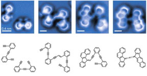 An atomic force microscope was able to take a snapshot of the atoms before and after the reaction, but also found two supposedly short-lived intermediates (center) in this reaction of two enediyne molecules.
CREDIT: UC Berkeley
