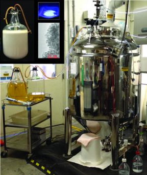 Using this 250-gallon reactor, ORNL researchers produced three-fourths of a pound of zinc sulfide quantum dots, shown in the inset.