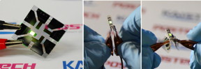 This picture shows an OLED with the composite structure of TiO2/graphene/conducting polymer electrode in operation. The OLED exhibits 40.8% of ultrahigh external quantum efficiency (EQE) and 160.3 lm/W of power efficiency. The device prepared on a plastic substrate shown in the right remains intact and operates well even after 1,000 bending cycles at a radius of curvature as small as 2.3 mm.
CREDIT: KAIST