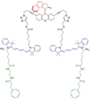 Rice University scientists have created light-driven, single-molecule submersibles. A new version of the molecule strengthens its fluorescent response for better tracking. Atoms in red make up the light-activated motor.
CREDIT: Tour Group/Rice University