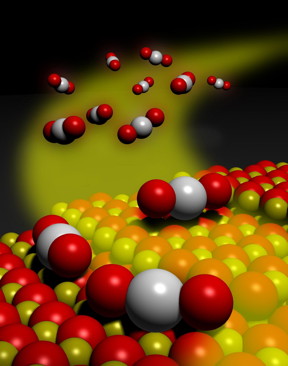 Mobile platinum oxide species trapped on a cerium oxide surface. The bonding of the platinum to surface oxygens creates isolated platinum atoms that are thermally stable, and active for treatment of automotive exhaust pollutants.
CREDIT: Washington State University