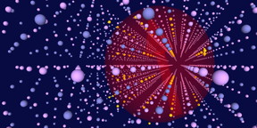 Art view of a semiconductor InAs/GaAs quantum dot (In, Ga and As respectively in yellow, blue and purple). Two remote nuclear spins (yellow arrows) are coupled via the spin of an electron delocalized over the quantum dot (red). Image: University of Basel, Department of Physics