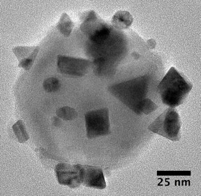 Rice University's antenna-reactor plasmonic catalysts combine light-harvesting nanomaterials with highly efficient metal catalysts. In this image, "islands" of reactive palladium dot the aluminum oxide surface of an underlying aluminum crystal, which serves as a photonic antenna to capture light and activate the catalytic islands. Image courtesy of D. Swearer/Rice University