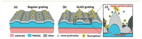 This diagram shows the difference between regular and plasmonic gratings in terms of fluorescent intensity.

Photo courtesy of Shubhra Gangopadhyay/Nanoscale.