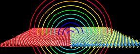 Hybrids of two-dimensional materials like the graphene-molybdenum disulfide illustrated here have electronic properties that don't follow the same rules as their 3-D cousins, according to Rice University researchers. The limited direct contact between the two materials creates an electric field that greatly increases the size of the p/n junction.Credit: Henry Yu/Rice University